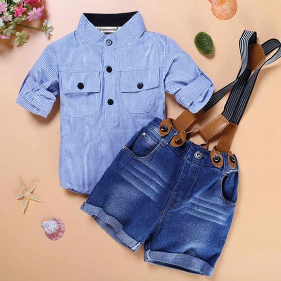 NEW Button down/denim shorts w/suspenders - Picture 3 of 3